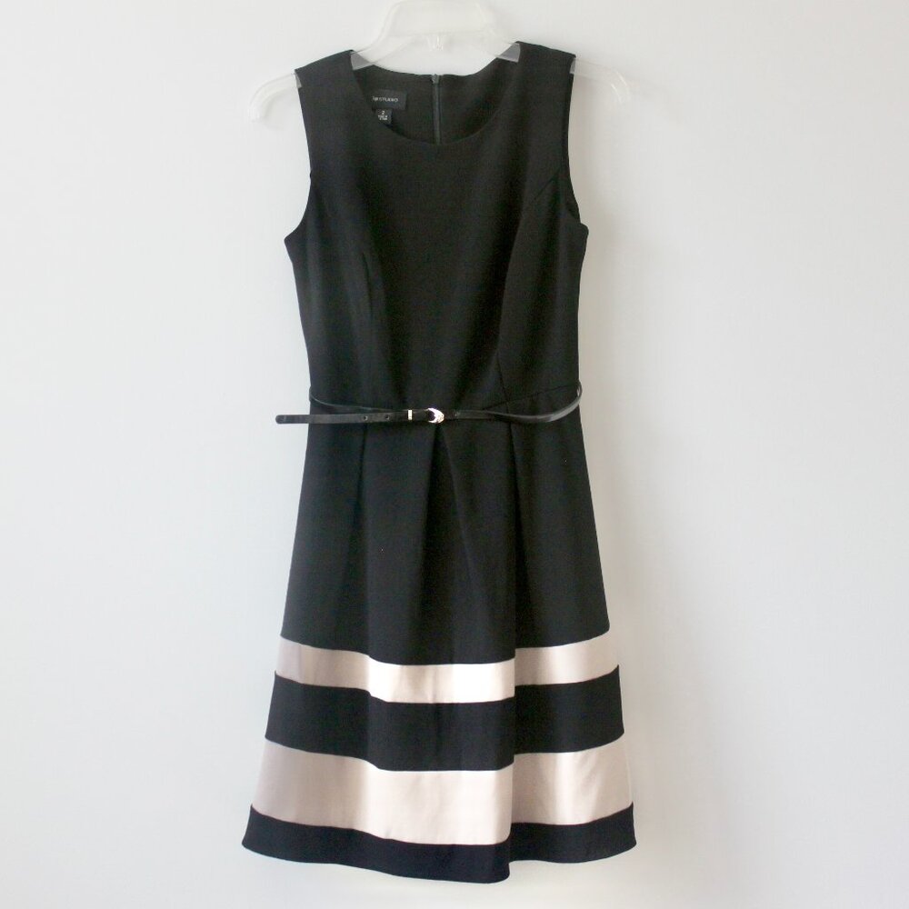 AB Studio Black and Tan Stripe Classy Sleeveless Knee-Length A-Line Belt Dress 2 - Picture 1 of 7